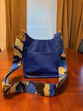 Blue Leather Crossbody Bag with Patterned Strap